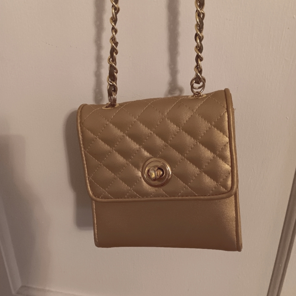 Gold mini crossbody bag.
